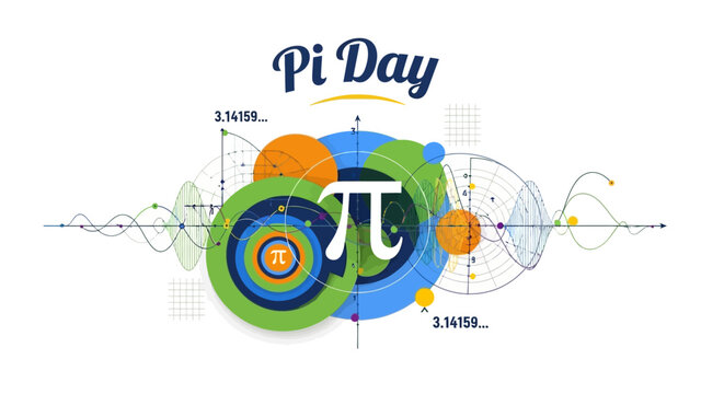 A colorful Pi Day illustration featuring mathematical symbols and equations on a white background with a mix of blue, green, orange, and yellow hues, conveying a mathematical concept.