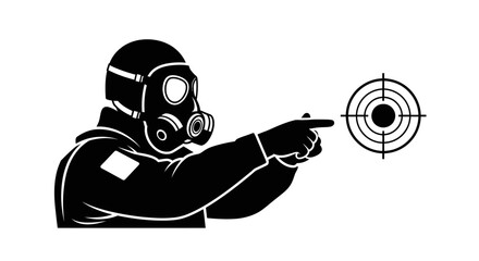 Person in gas mask pointing at target, symbolizing aim, focus, and danger