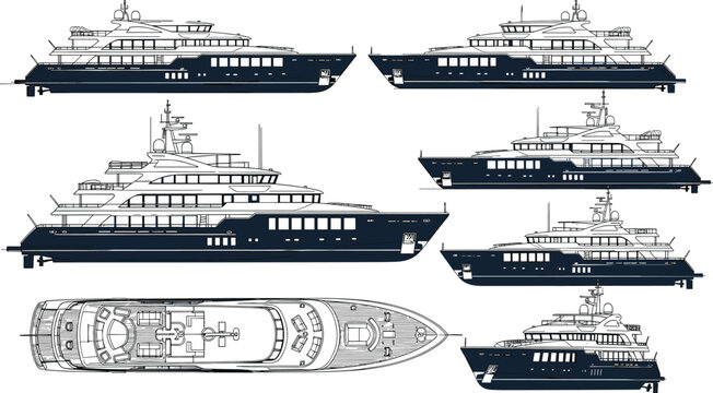 Technical line drawing collection of a luxury motor yacht featuring detailed blueprints with side and top deck views for naval architecture