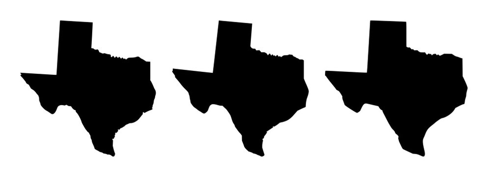 Texas state set with solid black flat vector silhouette on plain white background featuring high-contrast, clean edges, minimalist line art with map icon and logo design