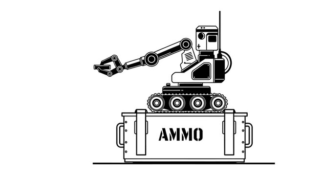 Robotic Arm on Ammo Crate, Military Drone, Tactical Robot, Hazardous Material Handling