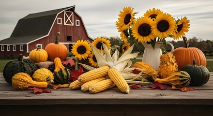 Rustic Farm Harvest Display on Wooden Table with Corn Sunflowers and Pumpkins – Labor Day Agriculture Scene