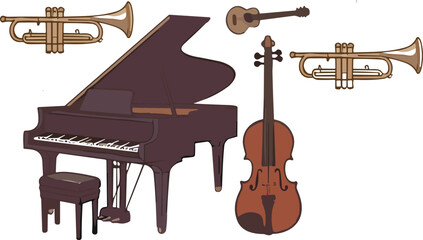 Vintage musical instruments and classical orchestra elements collection with piano guitar violin harp trumpet retro vector illustration set © MdMojnu