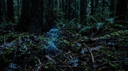 A singular bioluminescent plant glows brightly amidst the dark damp forest floor
