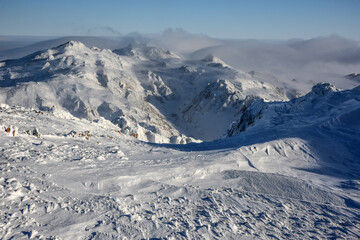 Fototapeta premium Landscape, mountain, winter, snow. trees, clubs. fog.