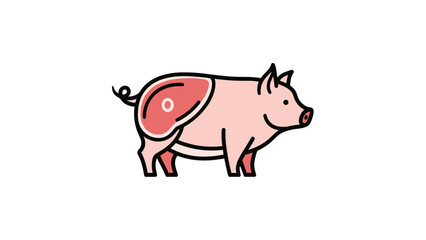 Fototapeta premium Illustration of a pink pig shows a highlighted red cut of meat on its hindquarters, indicating pork source locations.