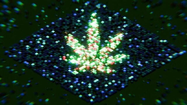 horizontal 3d render of abstract neon blocks forming a glowing cannabis leaf for april 20th 420 events featuring futuristic motion animation and vibrant green lighting.