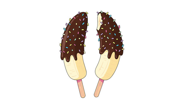 Pair of chocolate-covered bananas on sticks are decorated with colorful sprinkles for a fun and sweet summer treat.