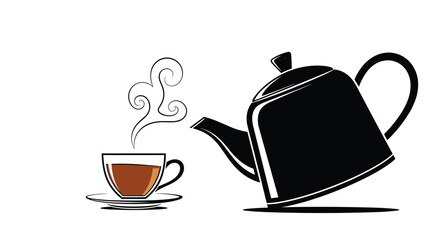 Obraz premium Dark teapot is pouring hot tea into a transparent glass cup showing steam rising in a simple and clean graphic illustration.
