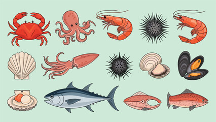 Obraz premium Comprehensive collection of various seafood items including crab, octopus, shrimp, urchin, and different fish in vector style.