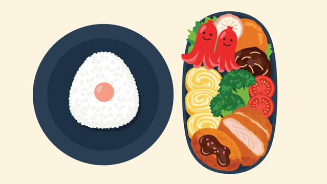 Traditional Japanese bento box contains a plum onigiri rice ball and various sides like octopus sausages, tamagoyaki, and tonkatsu.