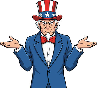 Uncle Sam Shrugging with Open Hands Expressing Confusion and Uncertainty About America