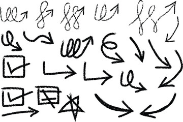 Obraz premium Collection of hand-drawn scribbled arrows, varied doodle symbols, and essential checkmarks. Chalky texture adds rustic, expressive flair to creative designs