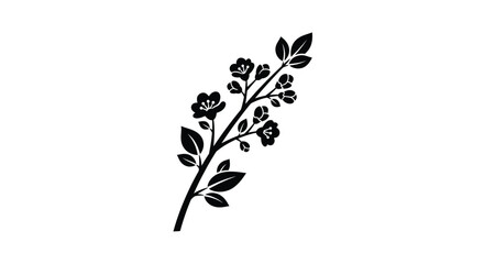 A delicate black silhouette of a flowering branch with leaves