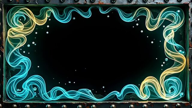 On a pure black isolated backdrop, a Metallic industrial Border Frame forged in dark steel serves as a stage for an enchanting array of lights that swirl in brilliant shades of turquoise