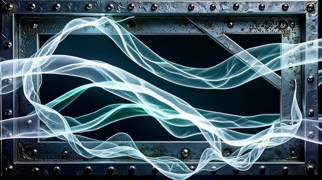 Swathed in a tapestry of glimmering emerald and sparkling silver lights, the Metallic industrial Border Frame forged in dark steel evokes a sense of grandeur, as ethereal ribbons of light