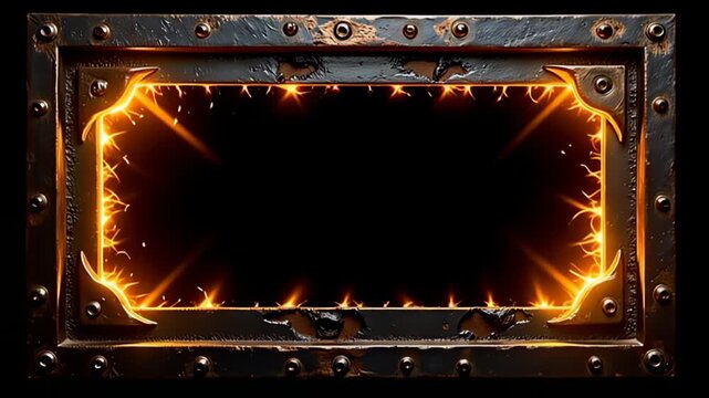 Finally, against a deep, isolated black background, the Metallic industrial Border Frame forged in dark steel emerges, bordered by vibrant streams of golden light that pulse and shimmer,