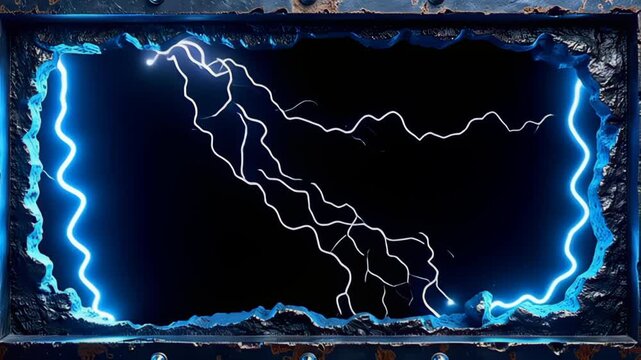 Amidst a backdrop of pure black, a Metallic industrial Border Frame forged in dark steel emerges, showcasing a dynamic interplay of vibrant, swirling neon colors that gracefully dance around