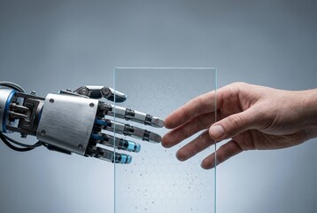 Fototapeta premium A high-end conceptual image showing a human hand and a robotic hand meeting in a careful handshake separated by a thin transparent barrier with a hexagonal privacy pattern and water droplets