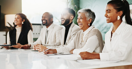 Laughing, meeting and workshop with business people in office together for learning or success....