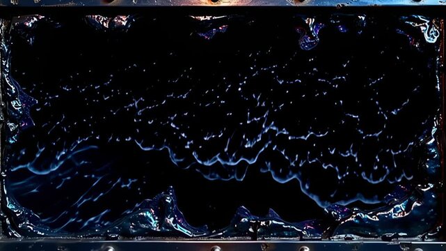 Amidst the depths of a black void, a Metallic industrial Border Frame forged in dark steel gleams under waves of mesmerizing holographic light, shifting through various tinted shades as