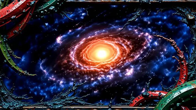 On a wholly black canvas, a Metallic industrial Border Frame forged in dark steel displays its rugged essence while being enveloped in dynamic spirals of jewel-toned colors, which wrap