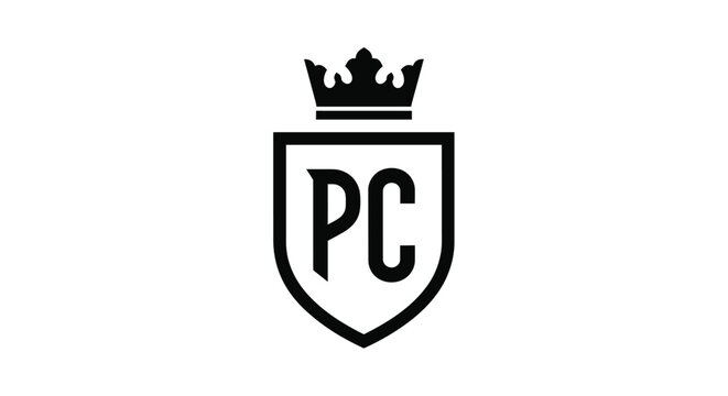 Black shield emblem featuring a crown and the letters pc