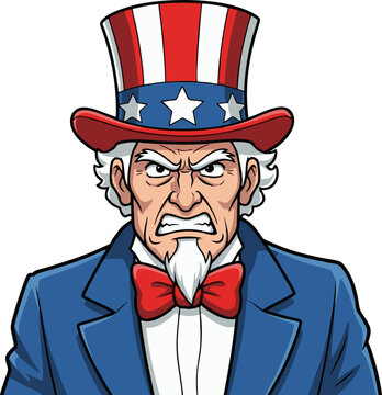 Uncle Sam character wearing a patriotic red white and blue top hat with an angry facial expression isolated on a white background.
