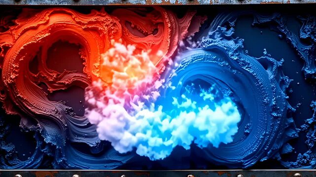 Nestled within an isolated black background, a Metallic industrial Border Frame forged in dark steel contrasts sharply as waves of fiery red and deep blue surround it, creating a visual
