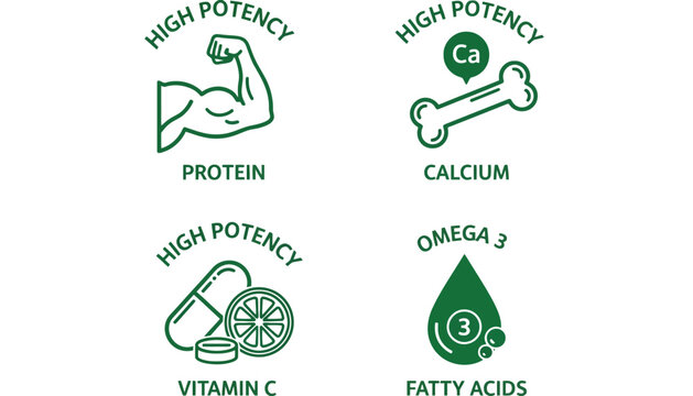 High potency supplements icon set with protein, calcium, vitamin C, and omega 3