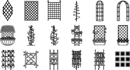 Set of garden trellis and vertical planting icons featuring wooden lattices arches climbing plant supports and hanging planters for landscape design and home gardening © Mst