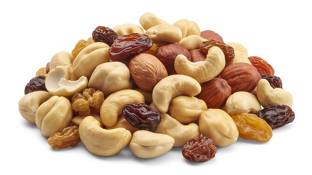 Assorted mixed nuts and raisins pile isolated on white background healthy snack food