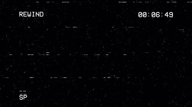 Retro VHS Rewind Animation with Analog Static Noise Glitch and Vintage Timecode Overlay 4k video animation seamless loop