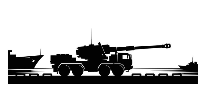 Silhouette of a self-propelled howitzer on a transport ship with other vessels