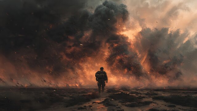Soldier standing alone in war-torn landscape with massive fire and smoke
