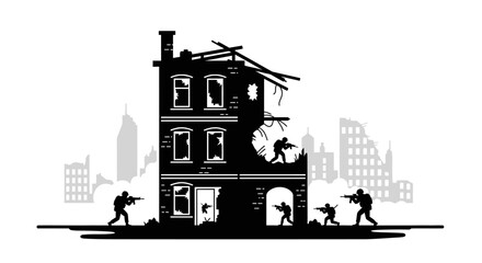 Obraz premium Silhouette of soldiers in combat near a destroyed building, symbolizing war and conflict