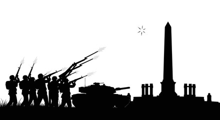 Obraz premium Silhouette of Soldiers and Tank at Monument, War Memorial, Military Parade