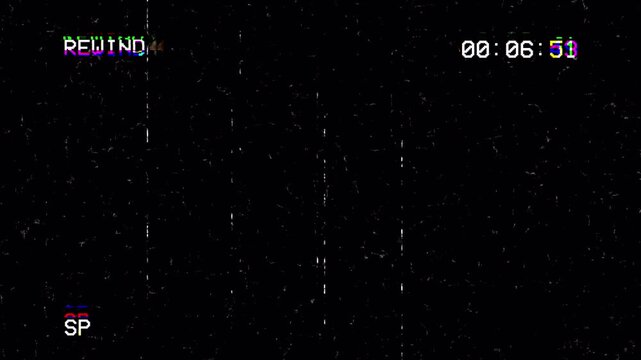 VHS Rewind Animation with Retro Analog Glitch Static Effects Timestamp and SP Label Overlay for Vintage Video Projects 4k video animation seamless loop