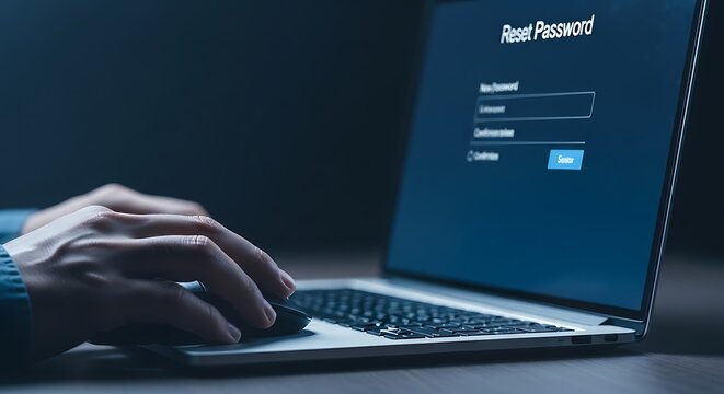 A person resetting their password on a laptop in a dark room