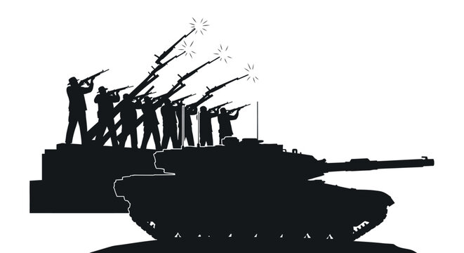 Silhouette of Soldiers Firing Rifles and Military Tank on White Background