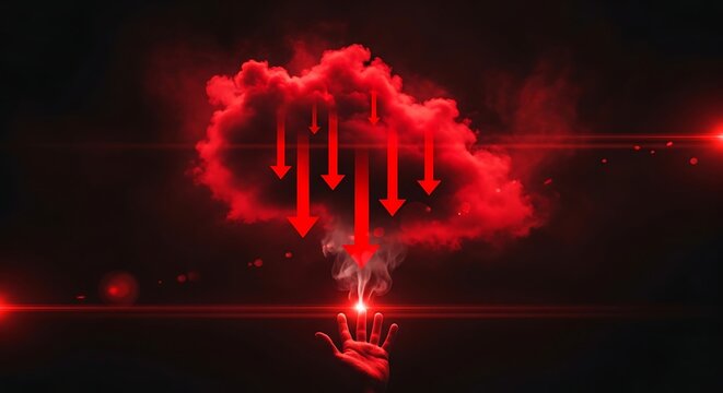 A hand emitting a red cloud with arrows pointing downwards in a dark background