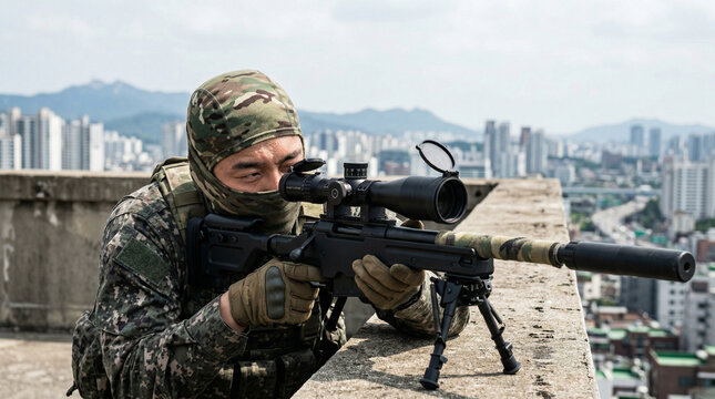 Korean soldier aiming a rifle from a rooftop overwatch position