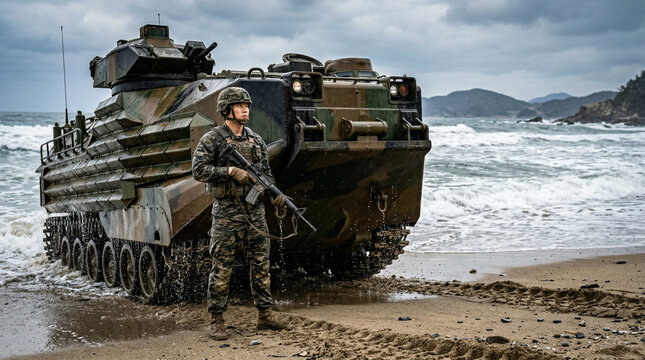 South Korean amphibious assault vehicle on beachhead