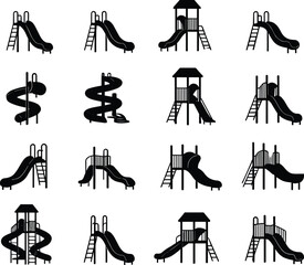 Set of playground slide icons and spiral slide structures, children park equipment silhouettes collection, outdoor playground slides vector illustrations isolated for kids recreation and amusement