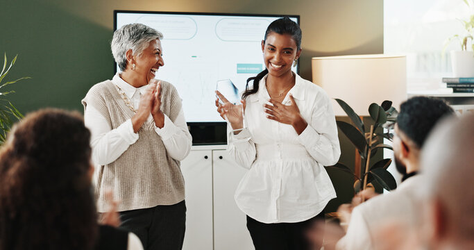 Applause, smile and thank you with business women in office for achievement or congratulations. Award, success and surprise with employee team clapping in workplace for bonus, milestone or promotion