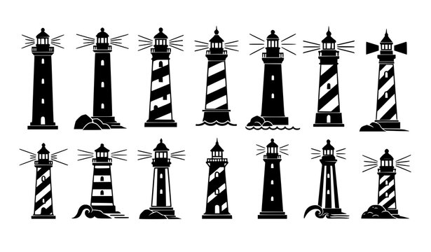 Lighthouse silhouette icon set coastal beacon towers nautical navigation vector illustration