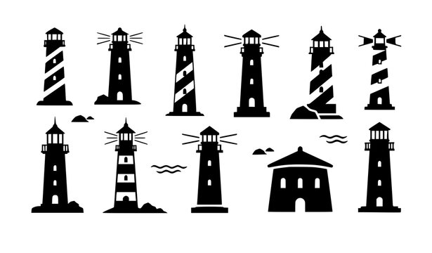 Nautical lighthouse silhouette vector set beacon tower coastal navigation icons