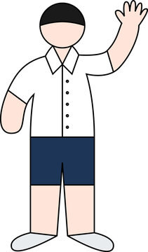 Cartoon Man in Short-Sleeved Shirt and Shorts Waving Hand, Friendly Male Character Greeting Gesture