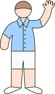 Cartoon Man in Short-Sleeved Shirt and Shorts Waving Hand, Friendly Male Character Greeting Gesture