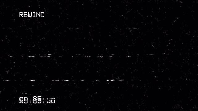 VHS Rewind Tape Animation with Analog Glitch Static and Timecode Interface Overlay for Retro Video Effects 4k video animation seamless loop